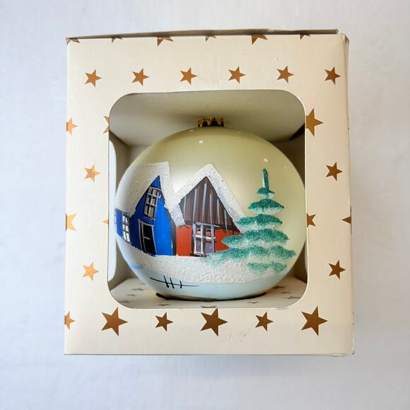 Handpainted Vintage Christmas Ornament Winter Scene with Houses and Trees - Picture 3 of 9